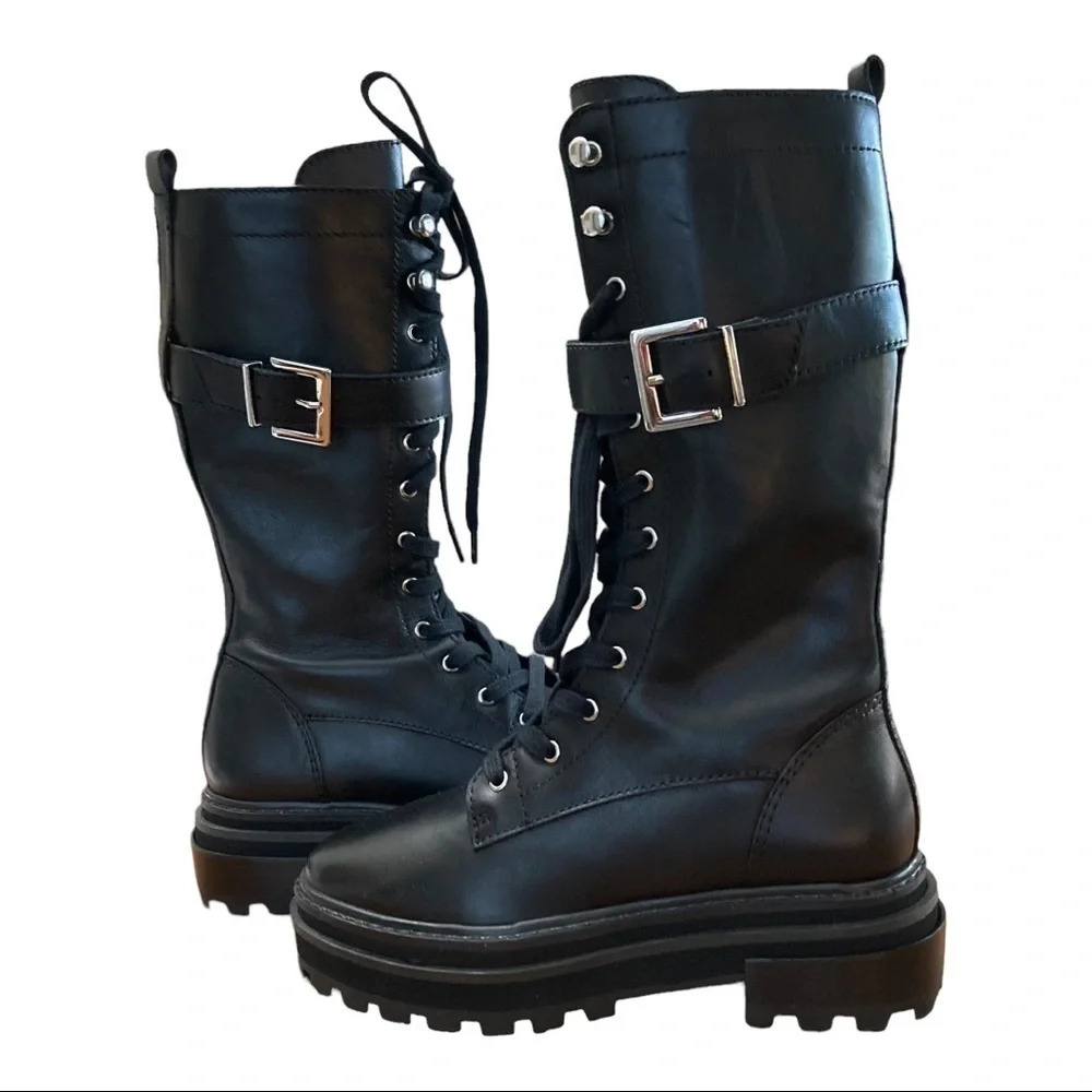 SCHUTZ Black Lace-Up Combat Boots with Buckle